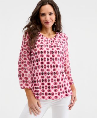 Women's Printed Chiffon-Sleeve Gathered-Neck Top