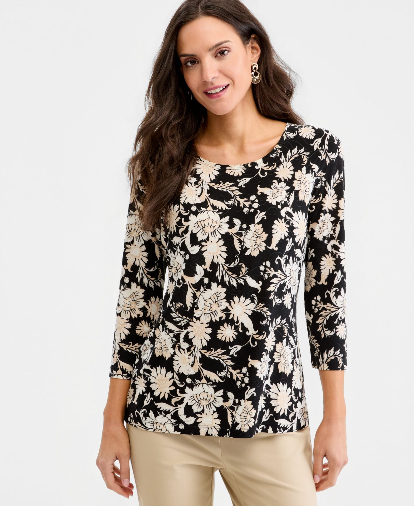 Женский топ JM Collection Printed 3/4 Sleeve Scoop-Neck Jacquard Top, цвет: Глубокий чёрный — фото 1