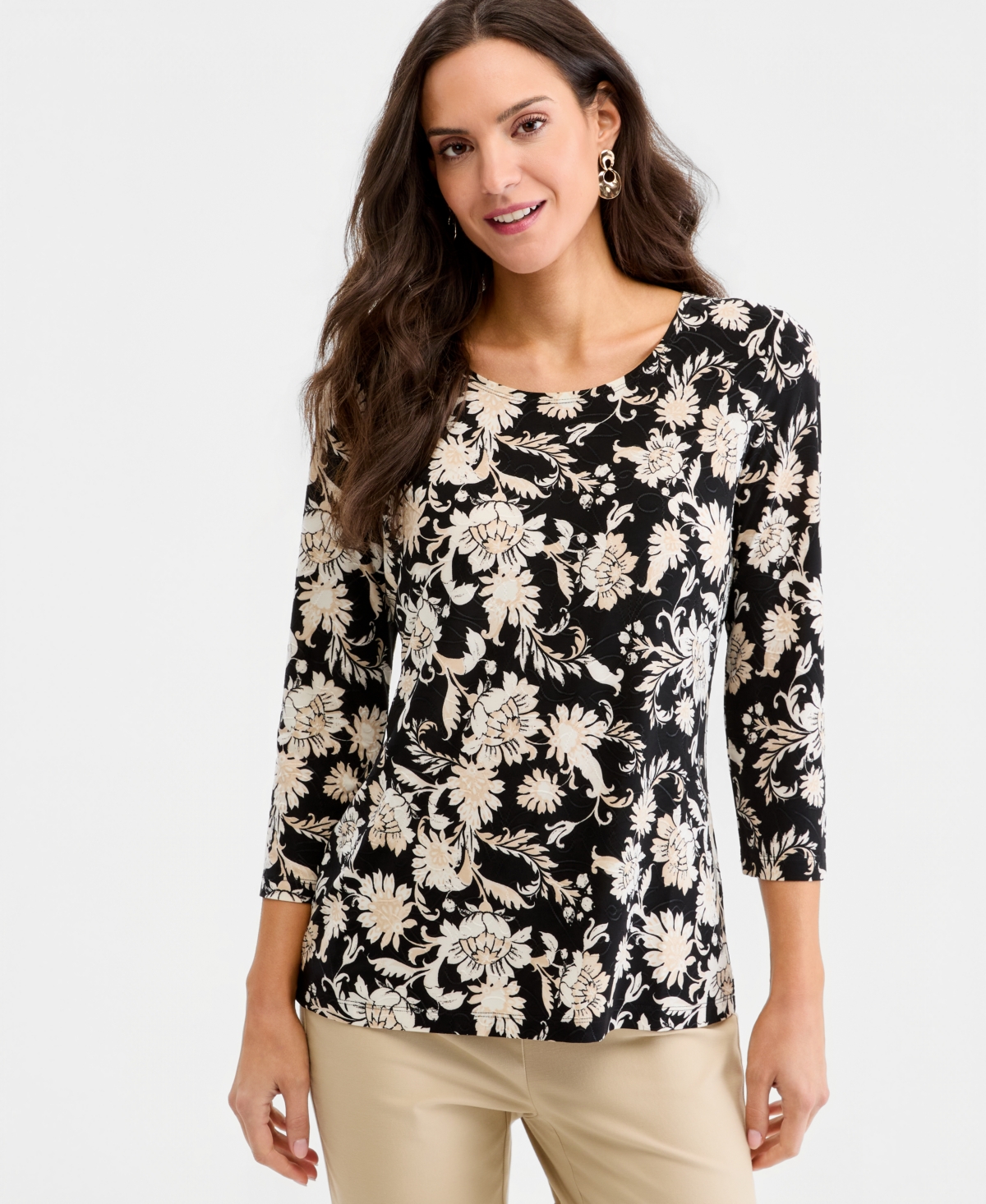 Jm Collection Women's Printed 3/4 Sleeve Scoop-Neck Jacquard Top, Macy's Exclusive