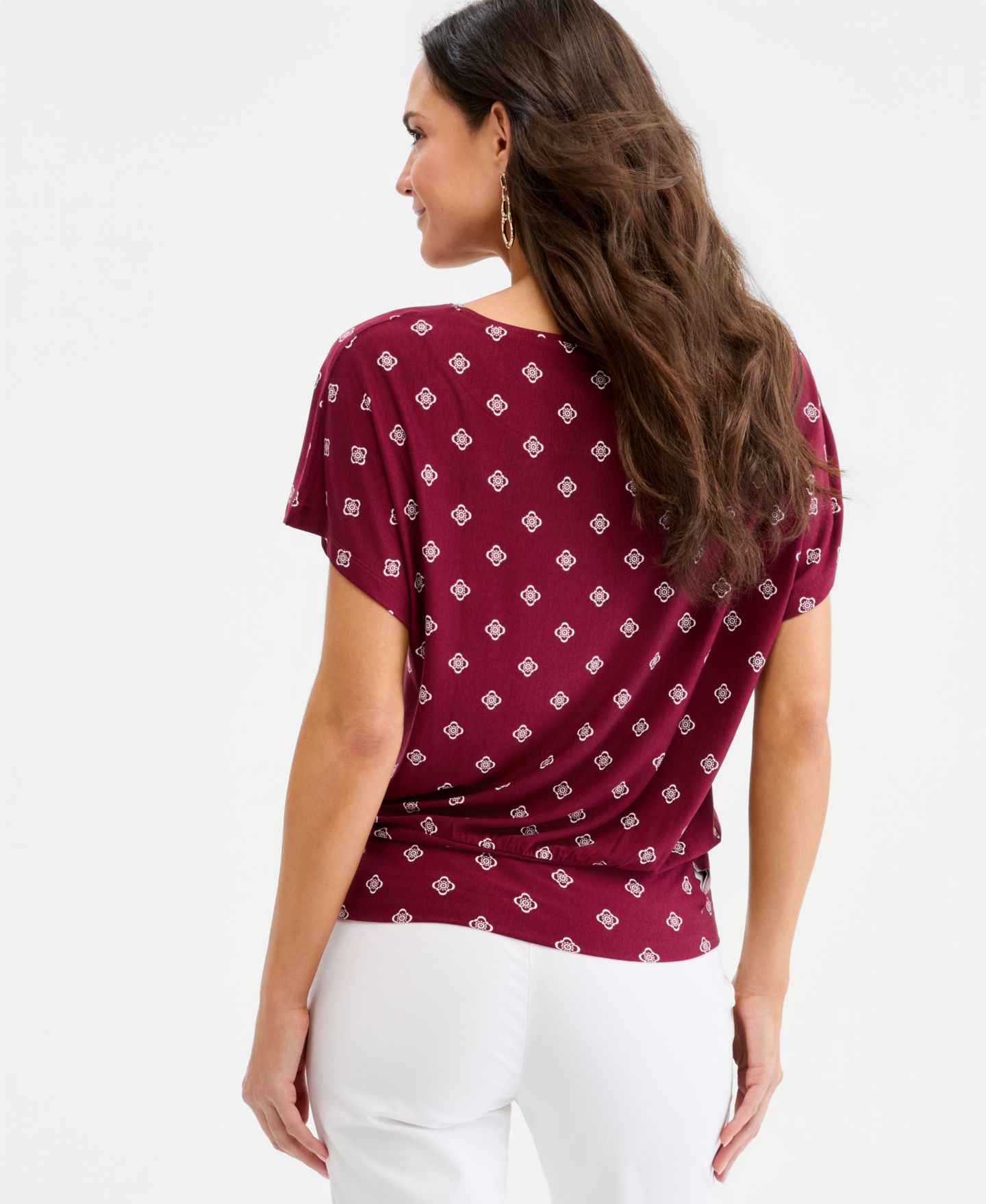 Женский топ JM Collection Printed Boatneck Banded-Bottom Knit Top, цвет: Вишнёвый — фото 2