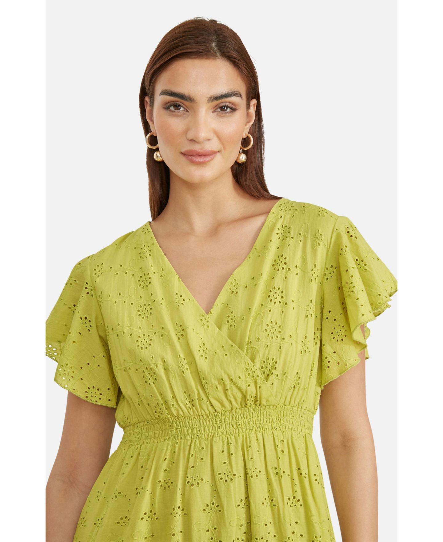 Женское платье Yumi Cotton Broderie Anglaise Wrap Midi, цвет: Лаймовый зелёный — фото 4