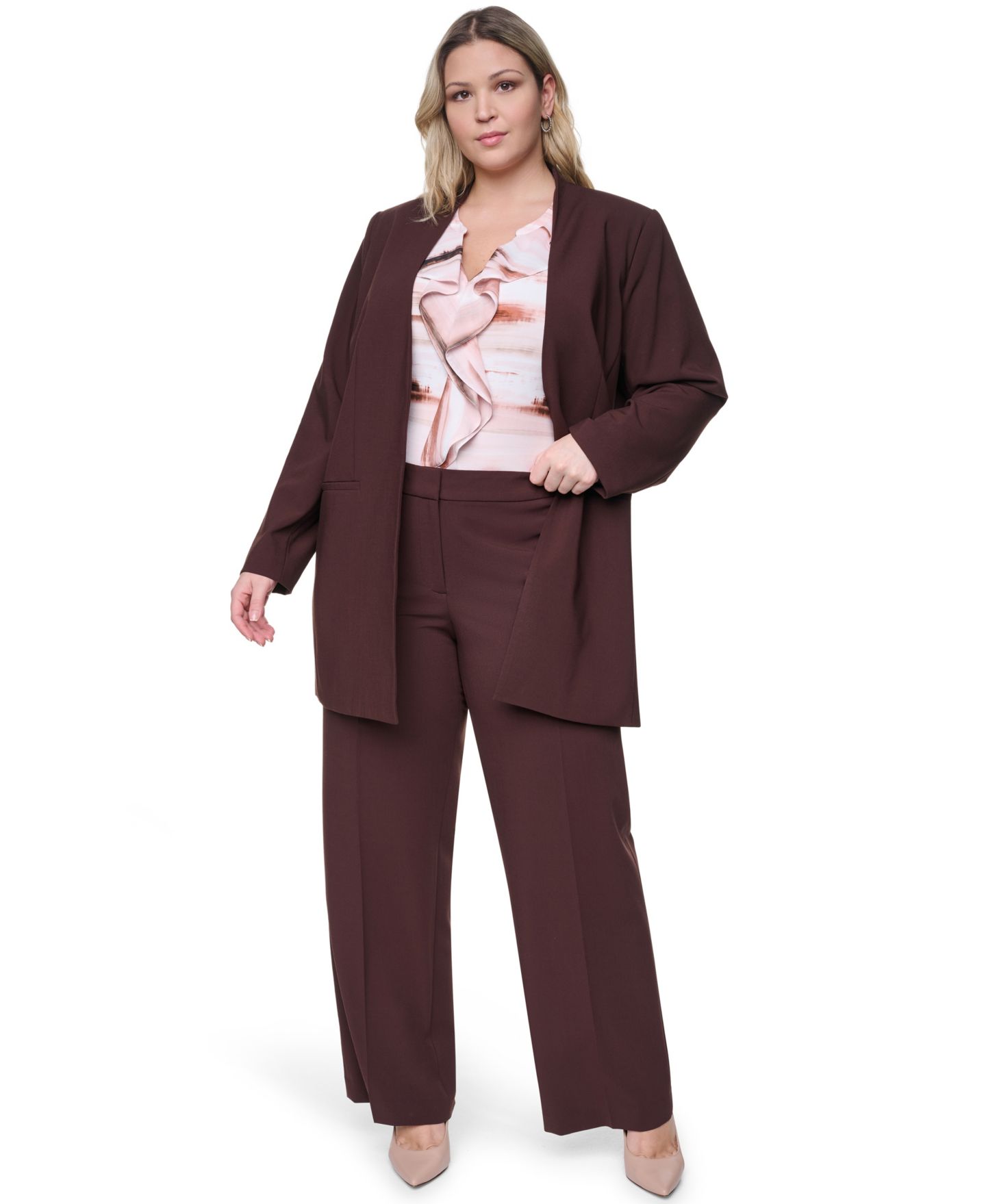 Женский пиджак Calvin Klein Plus Size Collarless Open-Front Rollback-Cuff Blazer, цвет: Кофейный — фото 2