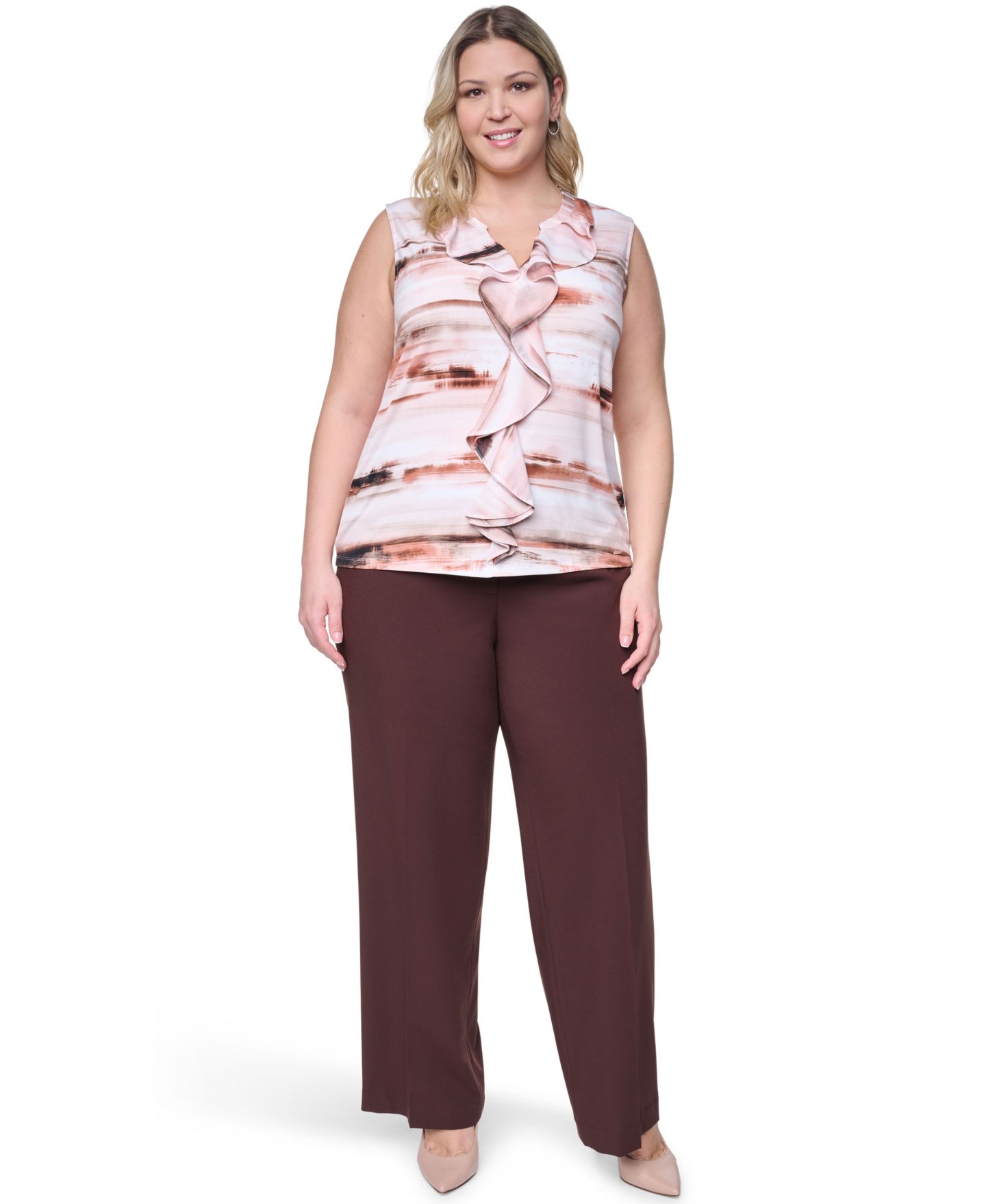 Женский топ Calvin Klein Plus Size Sleeveless Ruffle-Front V-Neck Top, цвет: Разноцветный — фото 2