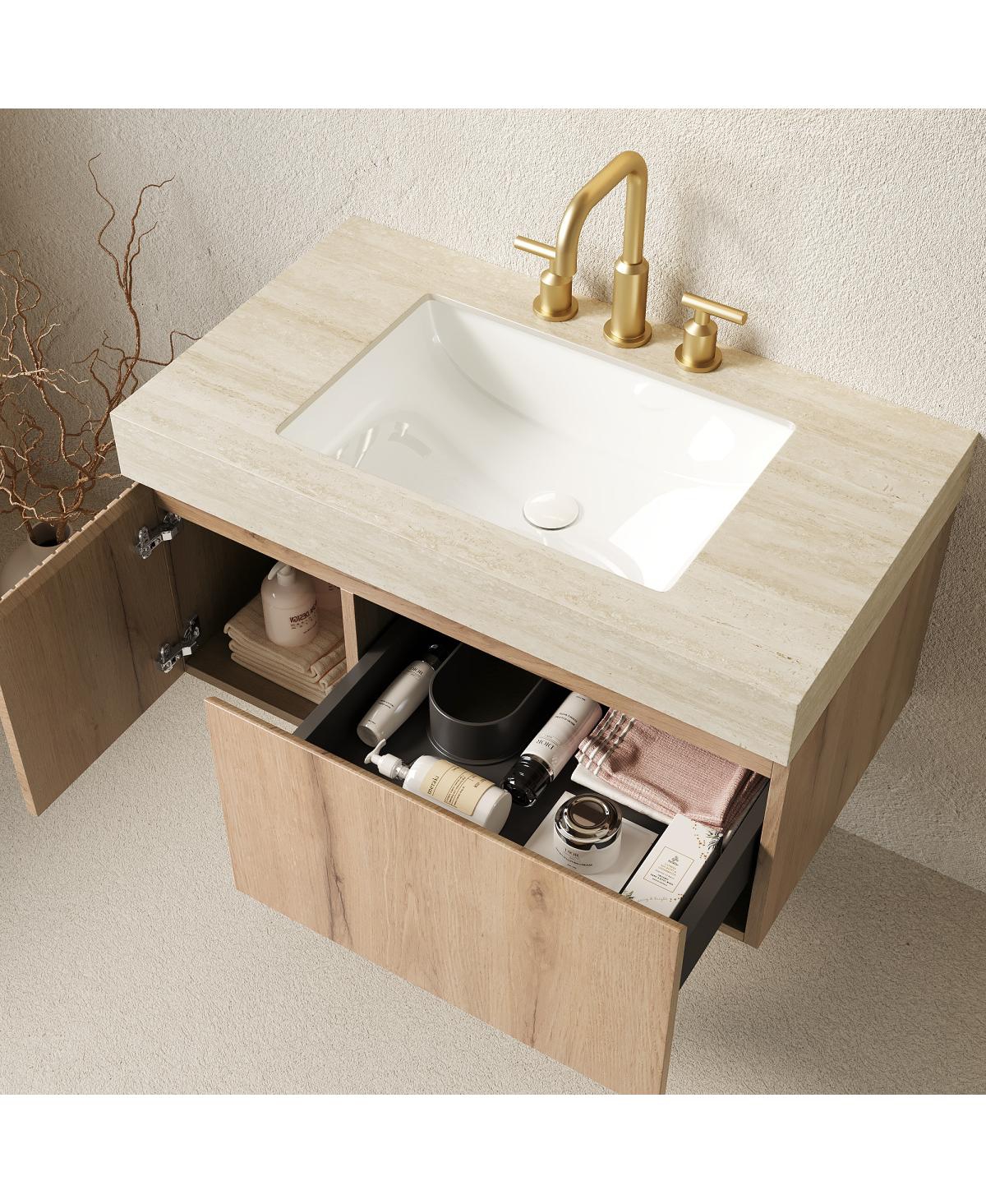 Sillysis Wall Mounted Bathroom Vanity with Sintered Stone Top, Plywood Storage Cabinet and Ceramic Basin