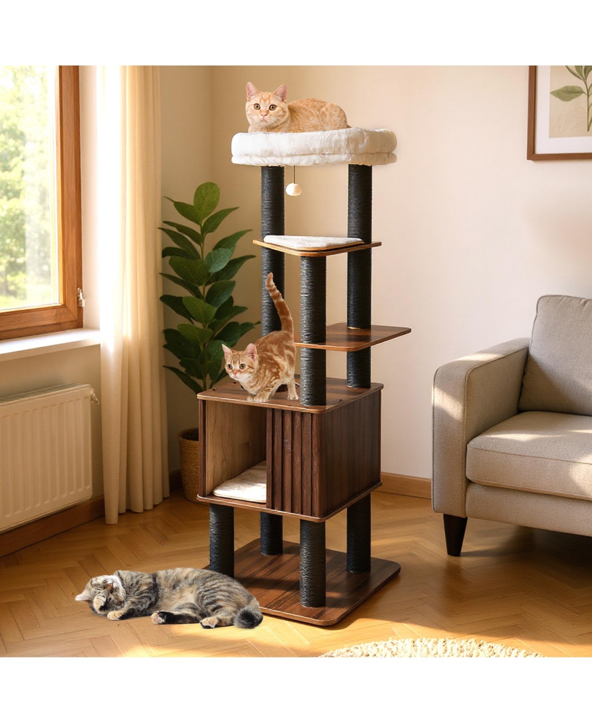 Gymax 64'' Tall Cat Tree for Indoor Cat Wooden Cat Tower Top Perch With Soft Padding Large Fence Style Cat Condo