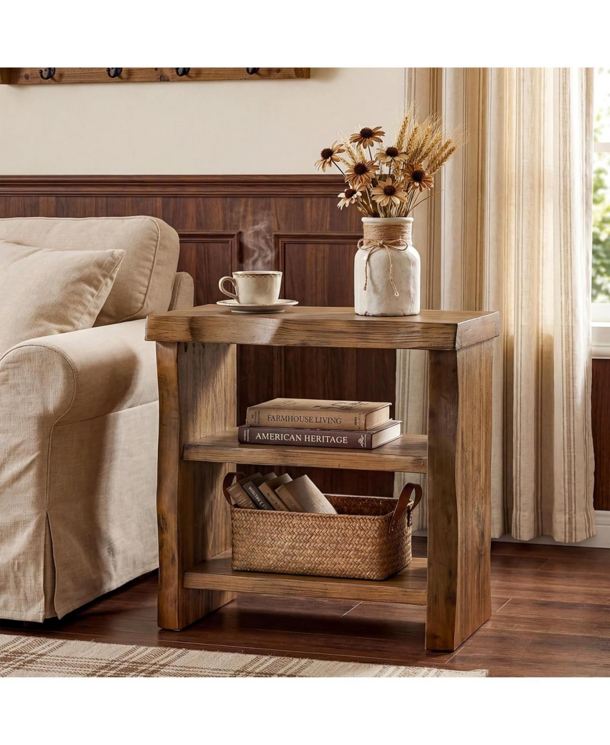 Tribesigns 3-Tier Solid Wood End Table, Narrow Side Table with Live-Edge, Farmhouse Bedside Table