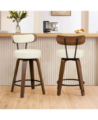 26 inches Swivel Bar Stools Set of 2, Counter Height Bar Stools with Faux Leather Upholstered Pad Wood Back for Kitchen Island, Cafe