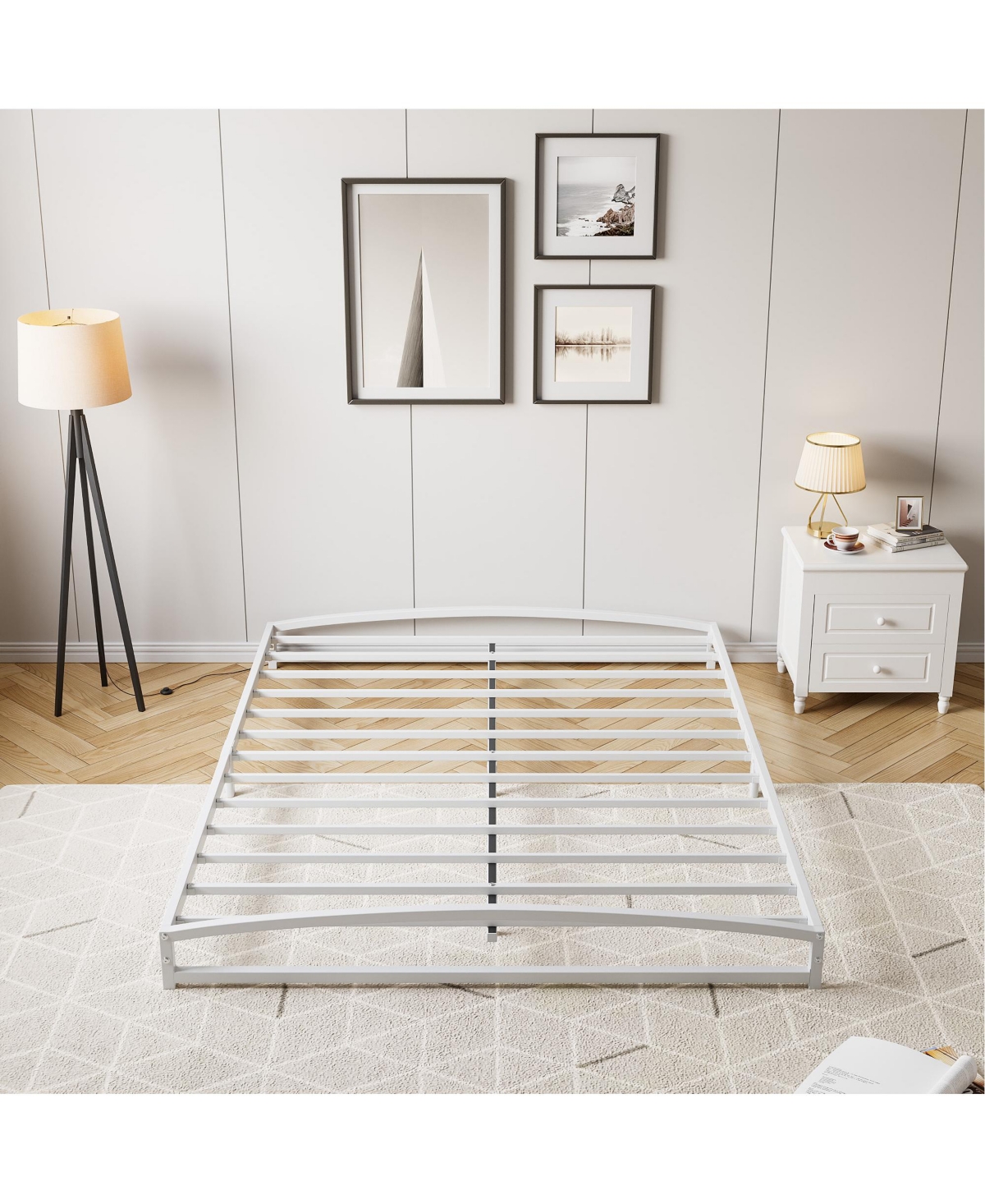 homfan Metal Platform Bed Frame with Arch Headboard and Footboard, Low Profile Steel Slat Support