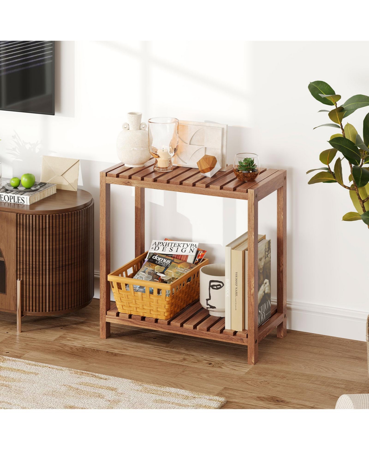 Gymax 2 pieces 2-Tier Side Table Teak Wood Stand Utility Storage Shelf Entryway Bench