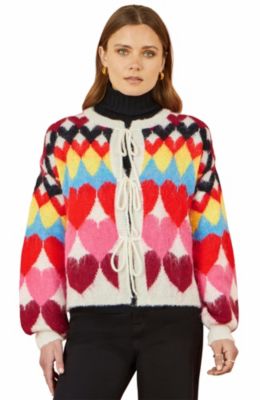 Women's Tie Front Heart Intarsia Cardigan