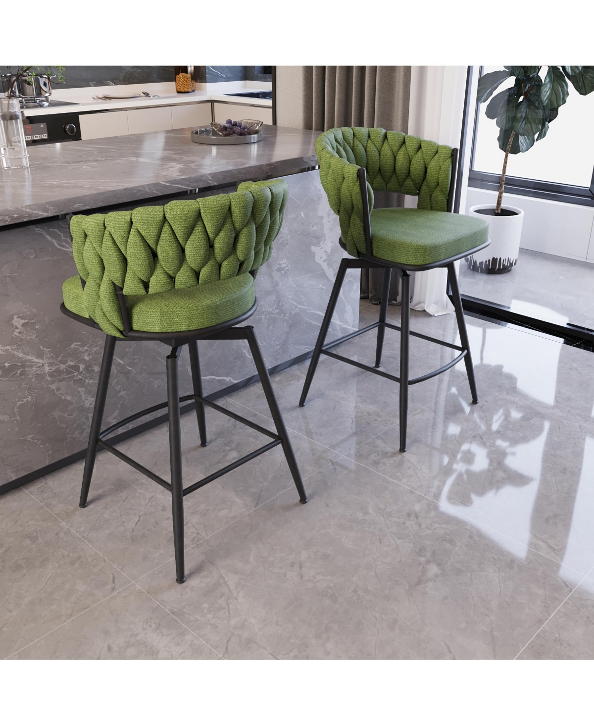 flynama 26" Linen Woven Swivel Bar Stools Set of 2, Green
