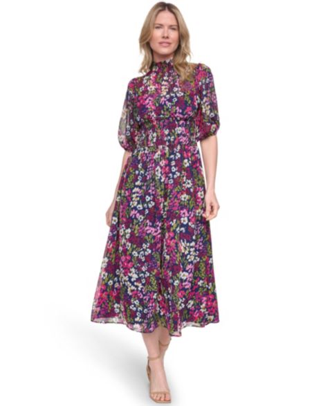 Женское платье Jessica Howard Petite Mock Neck Elbow-Sleeve Smocked Waist Midi, цвет: Разноцветный