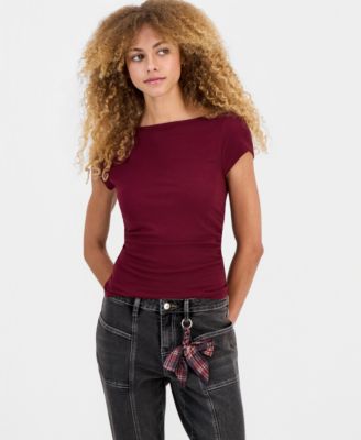 Juniors' Boat-Neck Cap Sleeve T-Shirt