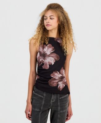 Juniors' Printed Mesh Asymmetrical-Hem Tank