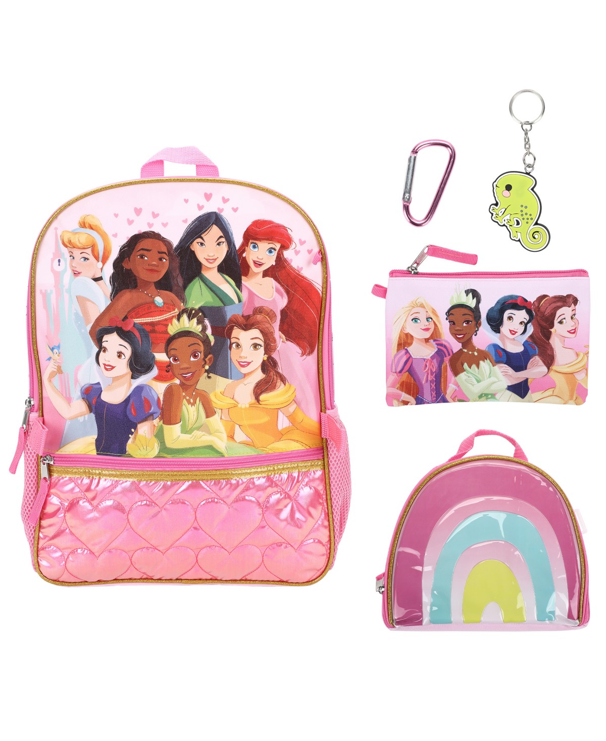 Детские Disney Princess Girls' Backpack, Lunch Bag, Pencil Case, Key Chain and Carabiner, 5-Piece Set — фото 2