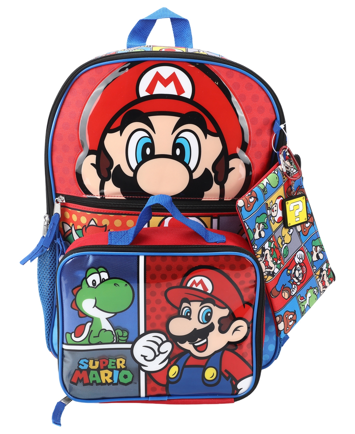 Super Mario Boys' Backpack, Lunch Bag, Pencil Case, Key Chain and Caraniber, 5-Piece Set