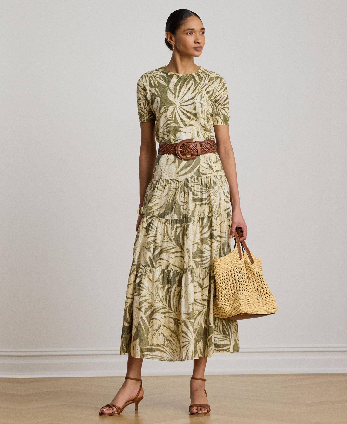 Женская юбка Lauren Ralph Lauren Elasticized Waist Tiered A-Line Midi, цвет: Оливковый разноцветный — фото 3
