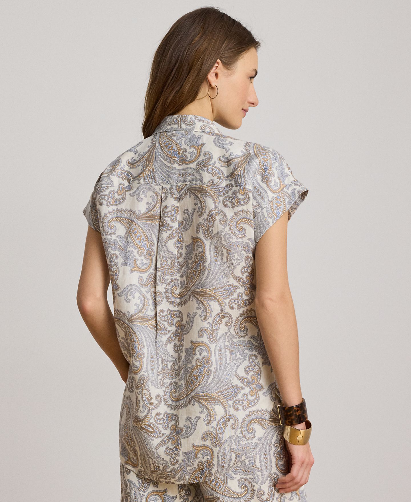 Женская рубашка Lauren Ralph Lauren Buttoned Placket Short-Sleeve Shirt, цвет: Кремовый разноцветный — фото 5