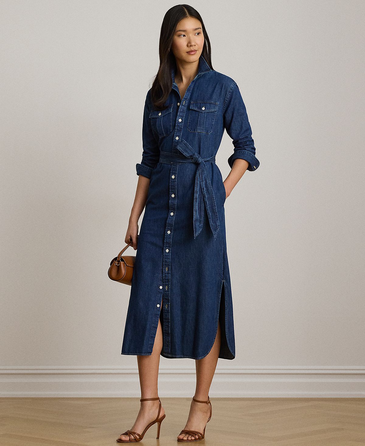 Lauren Ralph Lauren Women's Collared Belted Denim Midi Shirt-Dress view 6 — MAYCSS fashion products