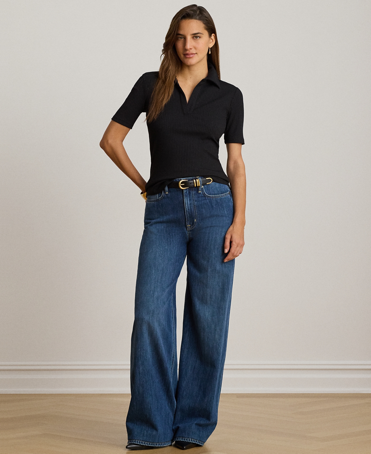 Lauren Ralph Petite Collared Rib-Knit Polo Top