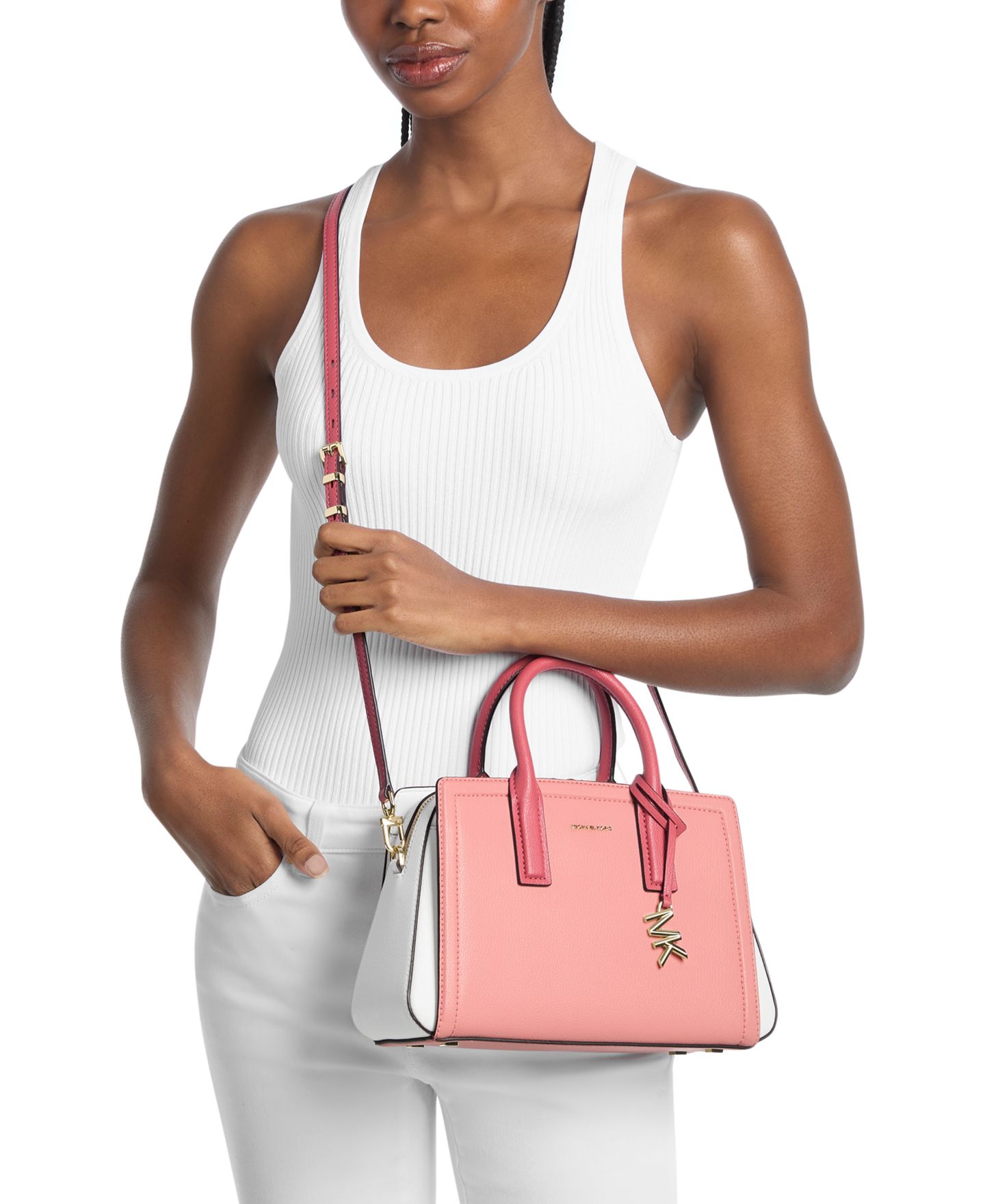 Женская сумка Michael Kors Laila Small Satchel Handbag, цвет: Ягодный сорбет / Оптический белый — фото 5