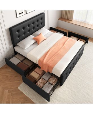 Upholstered Platform Bed Frame with 4 Storage Drawers, Button Tufted Headboard, Wooden Slats, No Box Spring