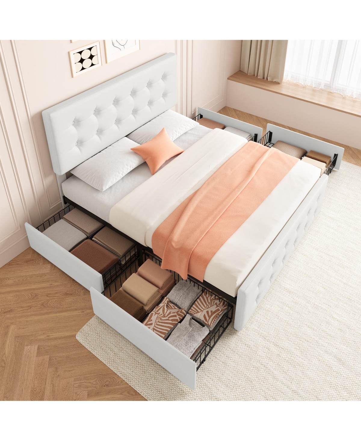 Homfan Upholstered Platform Bed Frame with 4 Storage Drawers, Button Tufted Headboard, Wooden Slats