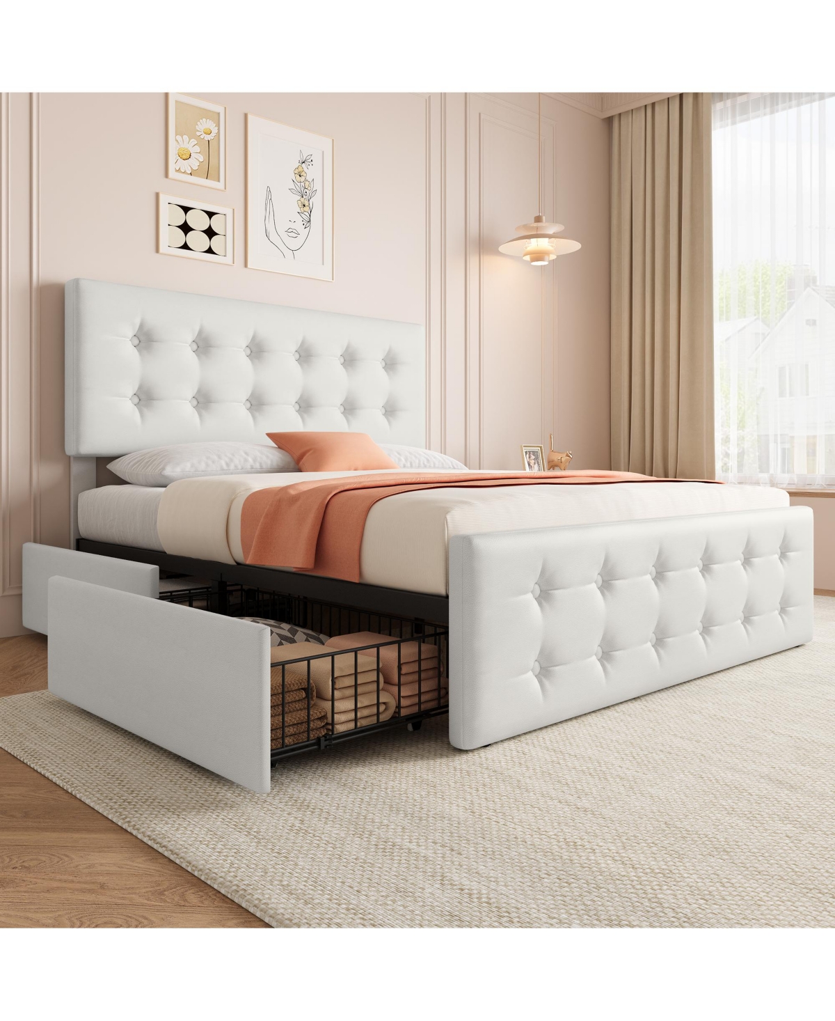 Homfan Upholstered Platform Bed Frame with 4 Storage Drawers, Button Tufted Headboard, Wooden Slats