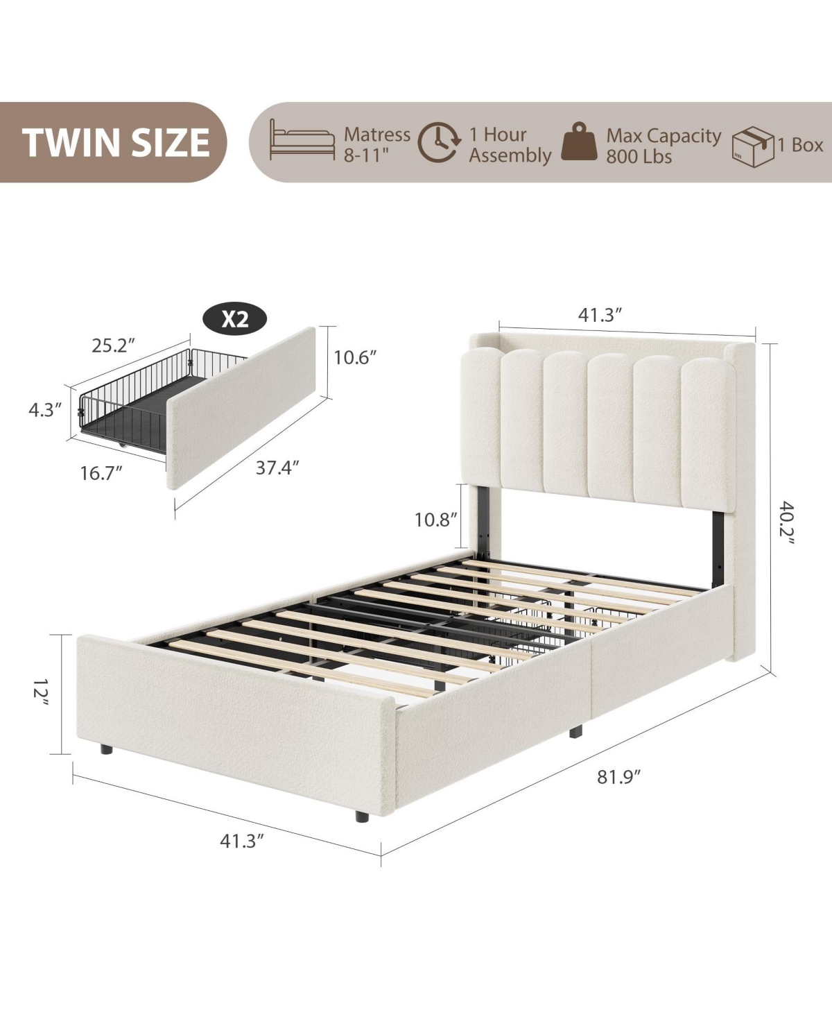 homfan Upholstered Platform Bed Frame with Led Storage Headboard and 2 Drawers