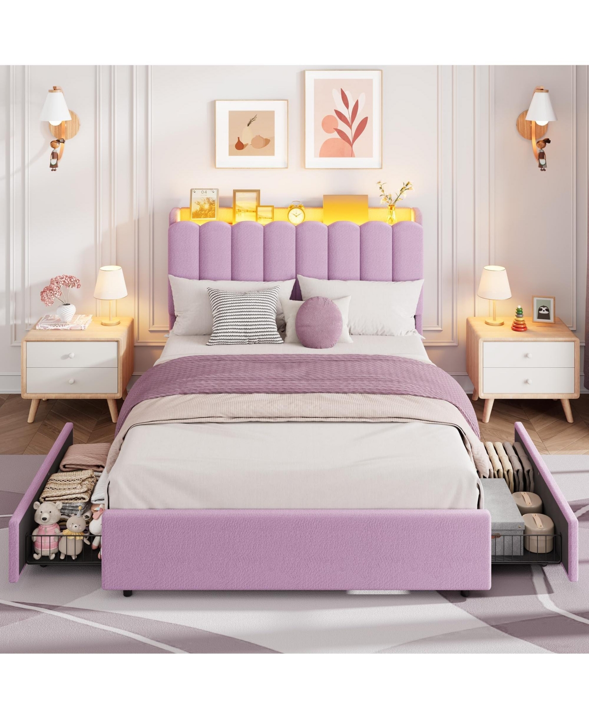 homfan Upholstered Platform Bed Frame with Led Storage Headboard and 2 Drawers