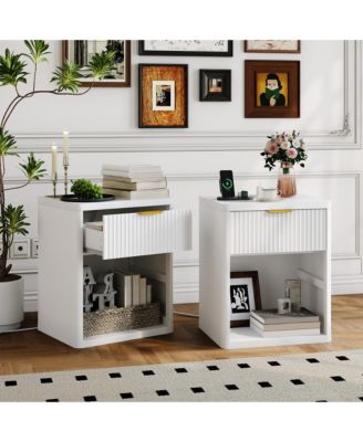 Set of 2 Modern Fluted Nightstands with Charging Station, 2 Drawers and Open Storage Shelf, Rounded Corners, Metal Handles, Wooden for Bedroom