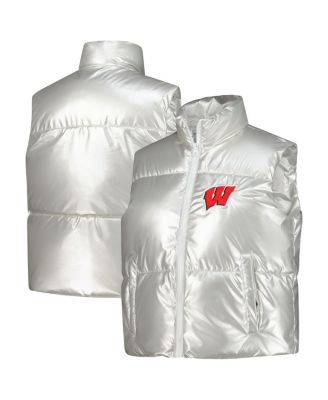 Women's Silver Wisconsin Badgers Metallic Cropped Full-Zip Sleeveless Puffer Vest
