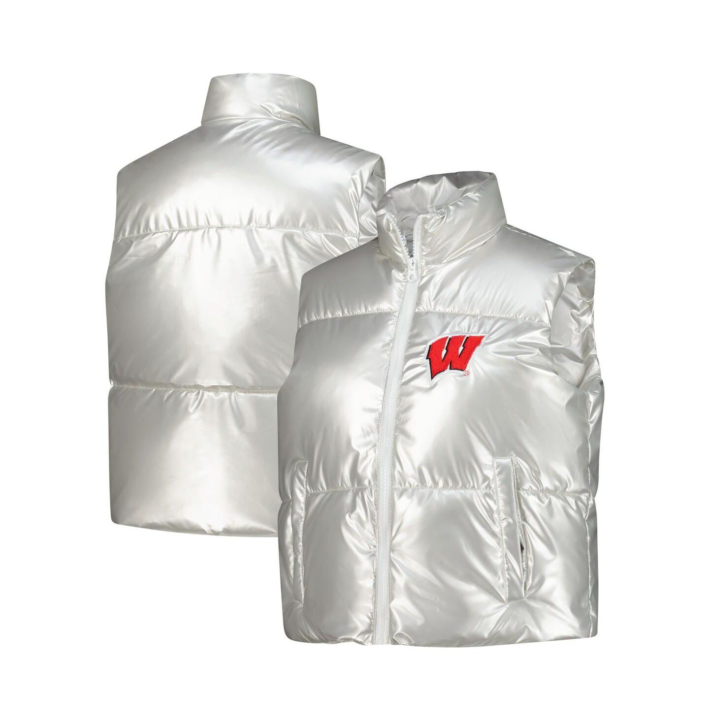 Женский жилет ZooZatz Silver Wisconsin Badgers Metallic Cropped Full-Zip Sleeveless Puffer Vest — фото 1