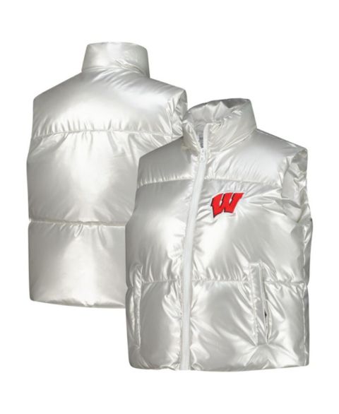 Женские жилеты ZooZatz Women's Silver Wisconsin Badgers Metallic Cropped Full-Zip Sleeveless Puffer Vest
