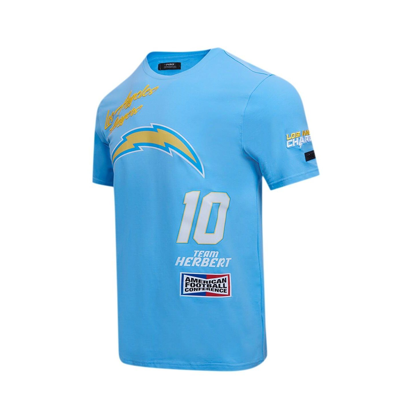 Мужская футболка Pro Standard Justin Herbert Powder Blue Los Angeles Chargers Fast Lane Name and Number Player — фото 2