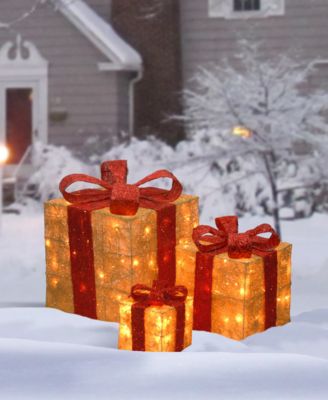 6", 10" & 14" Assorted Gold Sisal Gift Boxes wwith Clear Lights