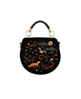 Fox And Owl Embroidered Top Handle Saddle Bag