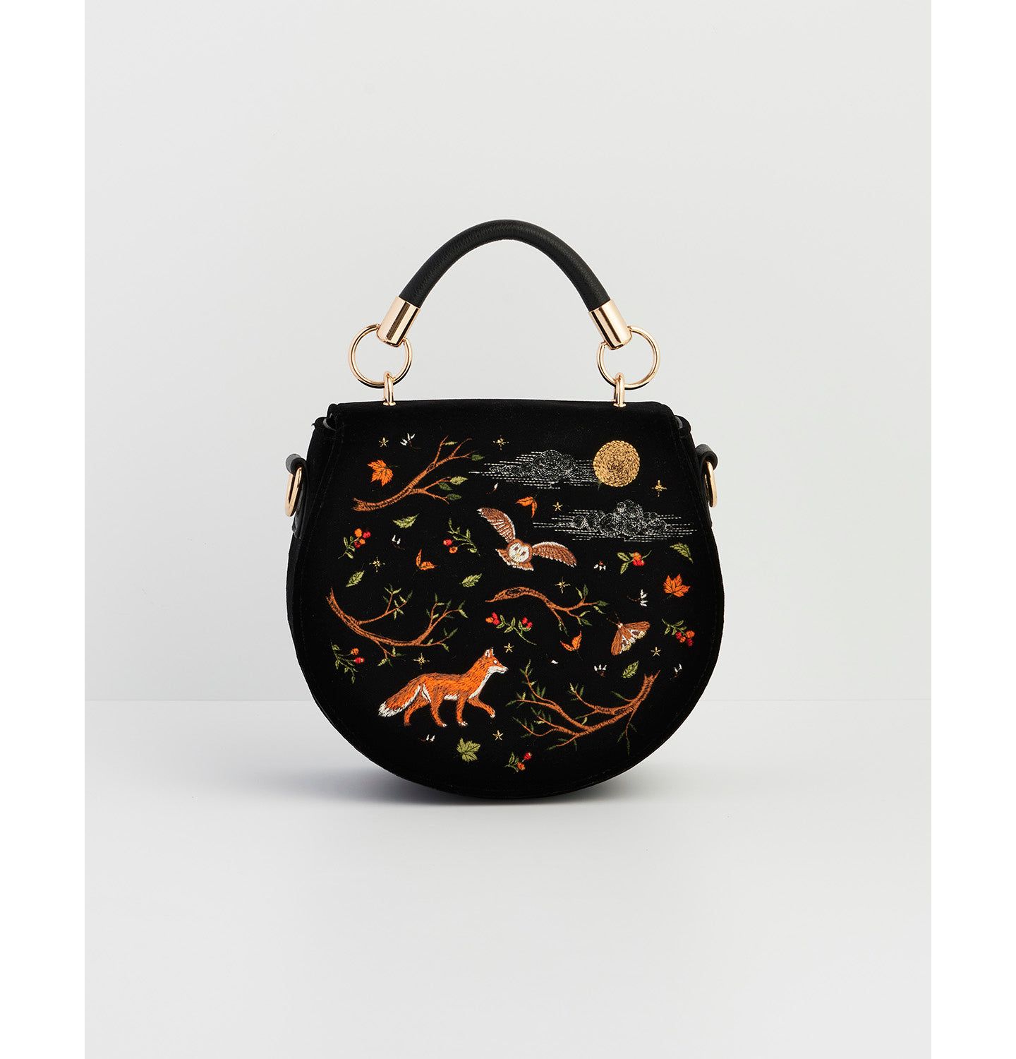 Женская сумка Fable England Fox And Owl Embroidered Top Handle Saddle, цвет: Чёрный — фото 1