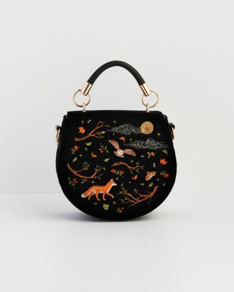 Женская сумка Fable England Fox And Owl Embroidered Top Handle Saddle, цвет: Чёрный