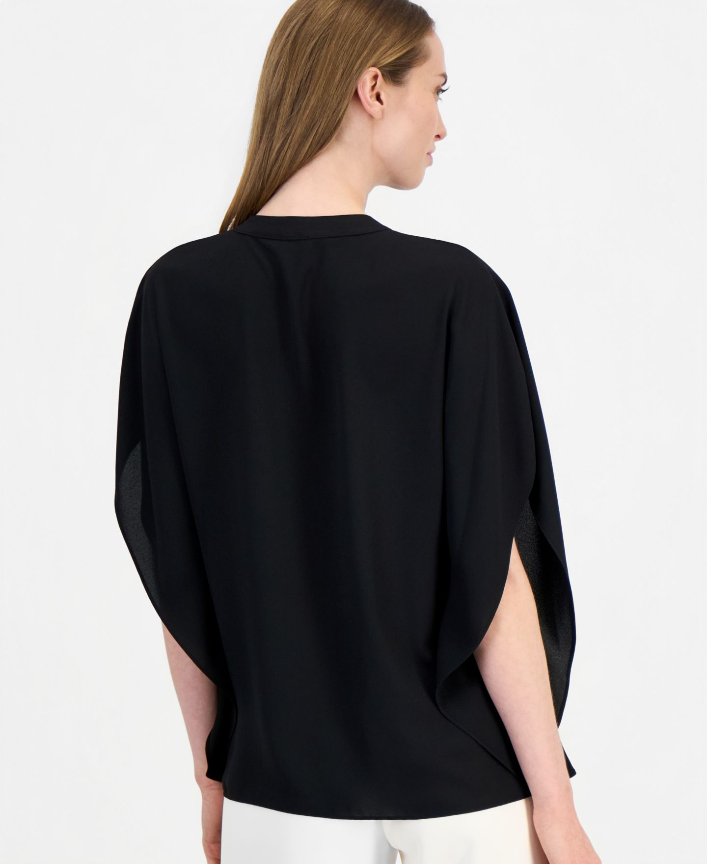 Женская блузка Anne Klein Dolman Flutter Y-Neck Chiffon Blouse, цвет: Чёрный — фото 3