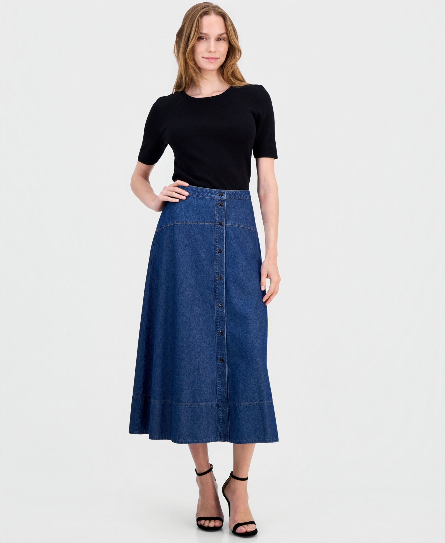 Женская юбка Anne Klein Button-Front Denim Midi, цвет: Варёный, вариант 1 — фото 3