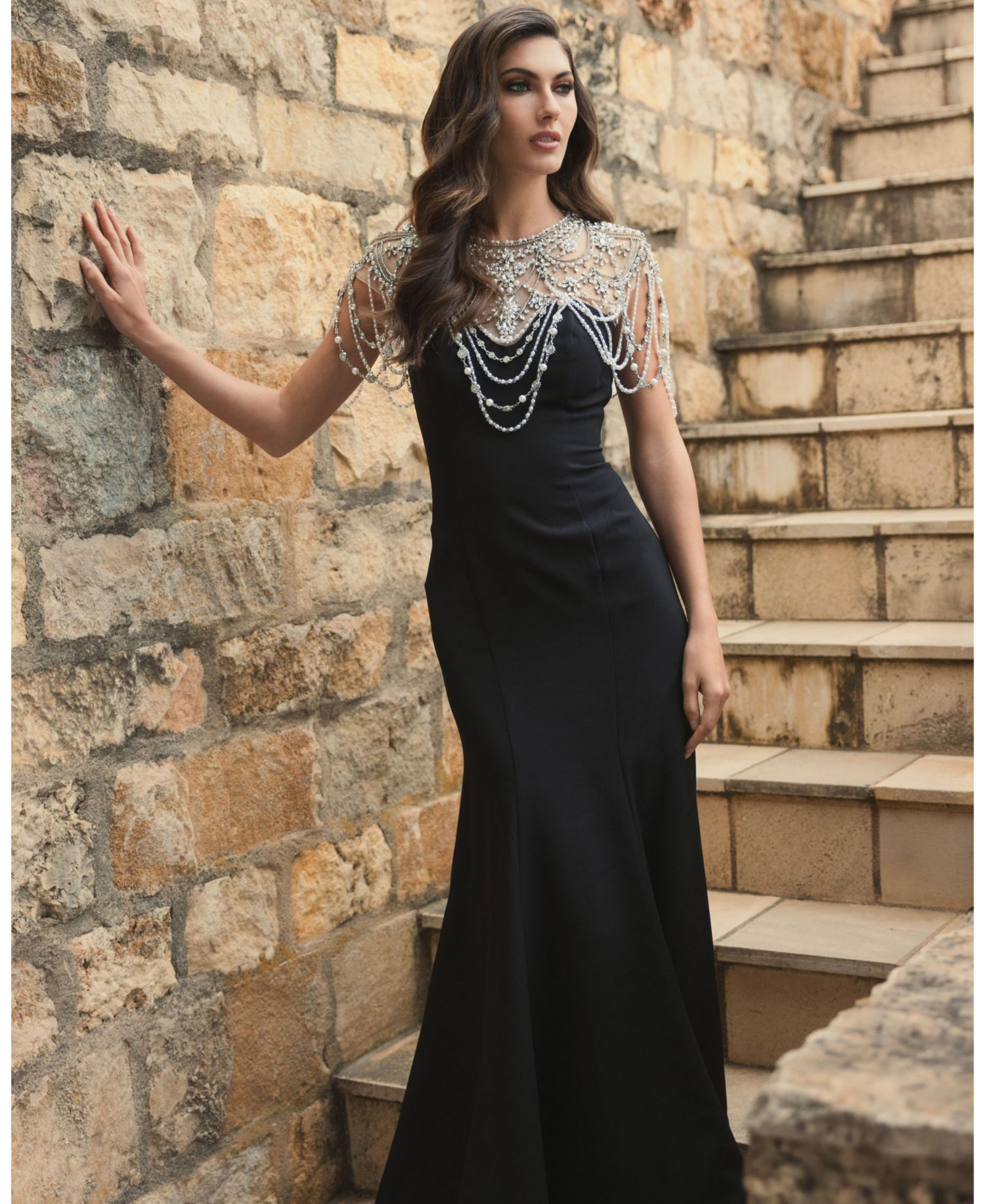 Women's Draped Pearl Beaded Mermaid Gown