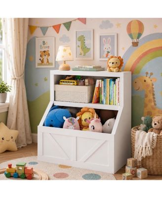 Kids Bookshelf and Toy Storage, 2 Tier Toy Organizer with Storage Cabinet, Toddler 2 Shelf Bookcase for Playroom, Living Room, Classroom