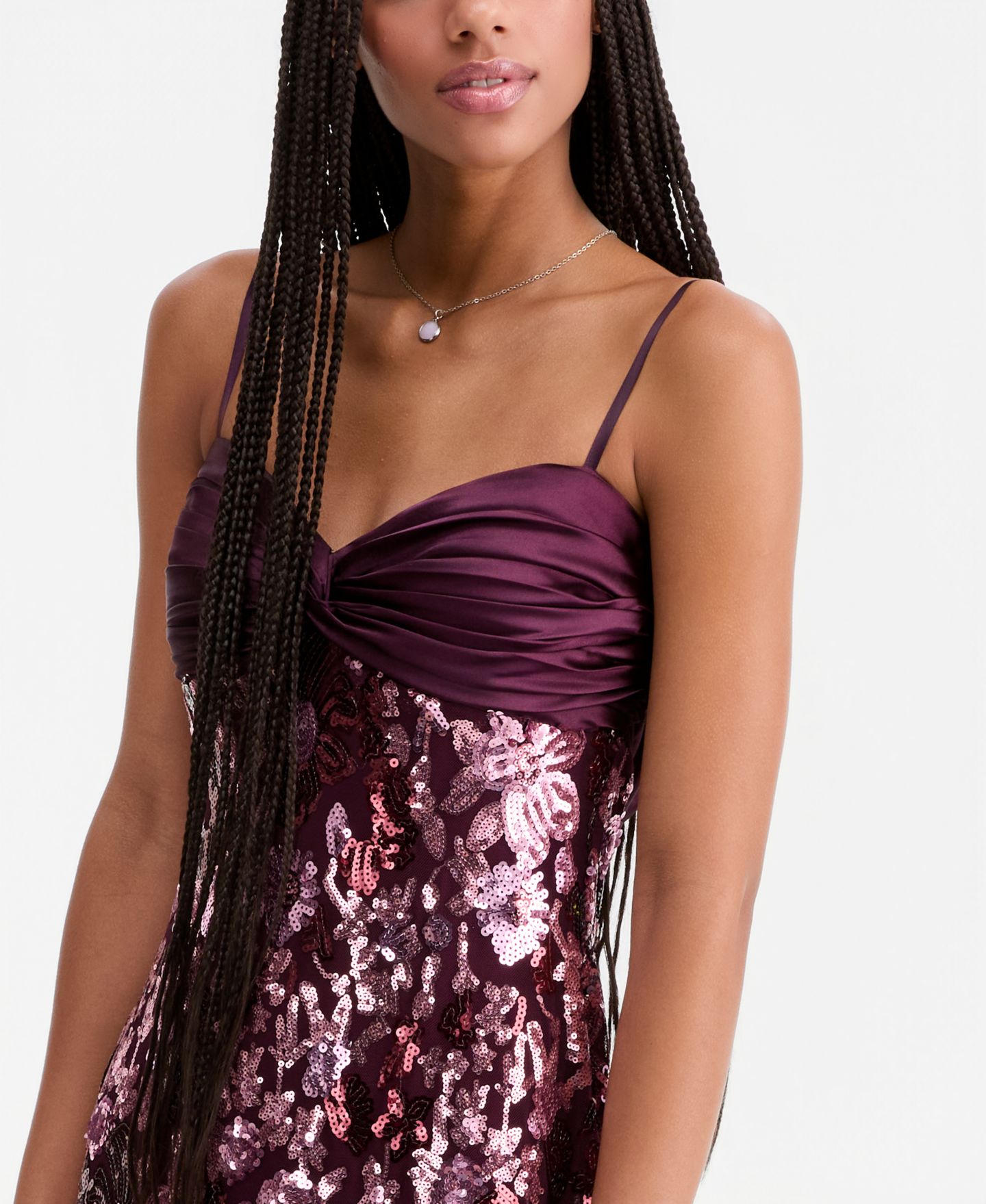 Женское платье SENI & CADE Ruched Satin-Top Floral-Sequin, цвет: Сливовый — фото 5