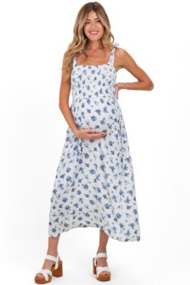 blue and white floral maternity dress Lita Blue Floral Print Twisted Asymmetric Maternity Maxi Dress – Club L  London main image 1