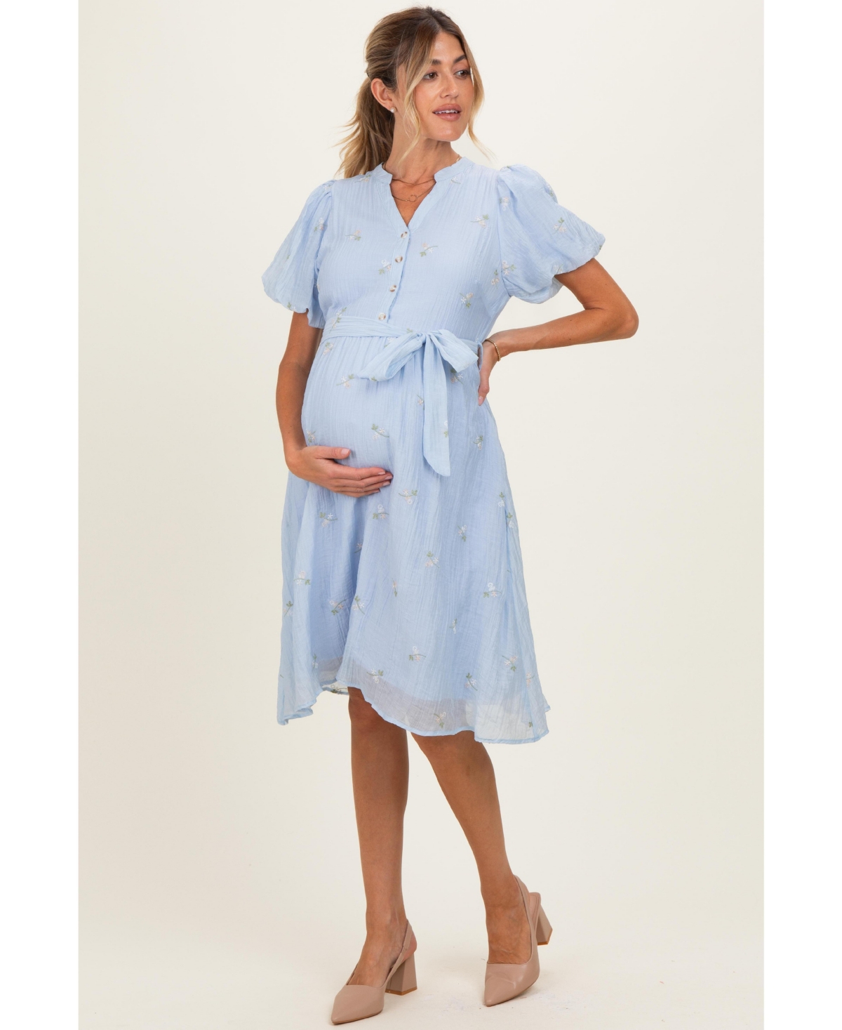 Pinkblush Maternity Blue Floral Embroidered Tie Waist Dress