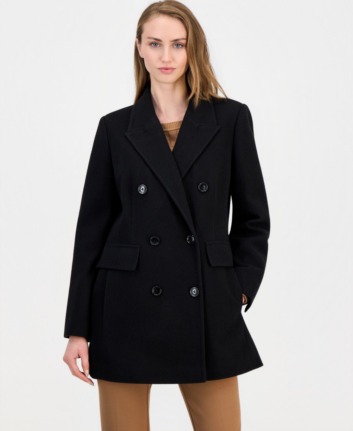 Женское пальто Anne Klein Double-Breasted Peacoat, Created for Macy's, цвет: Чёрный — фото 1