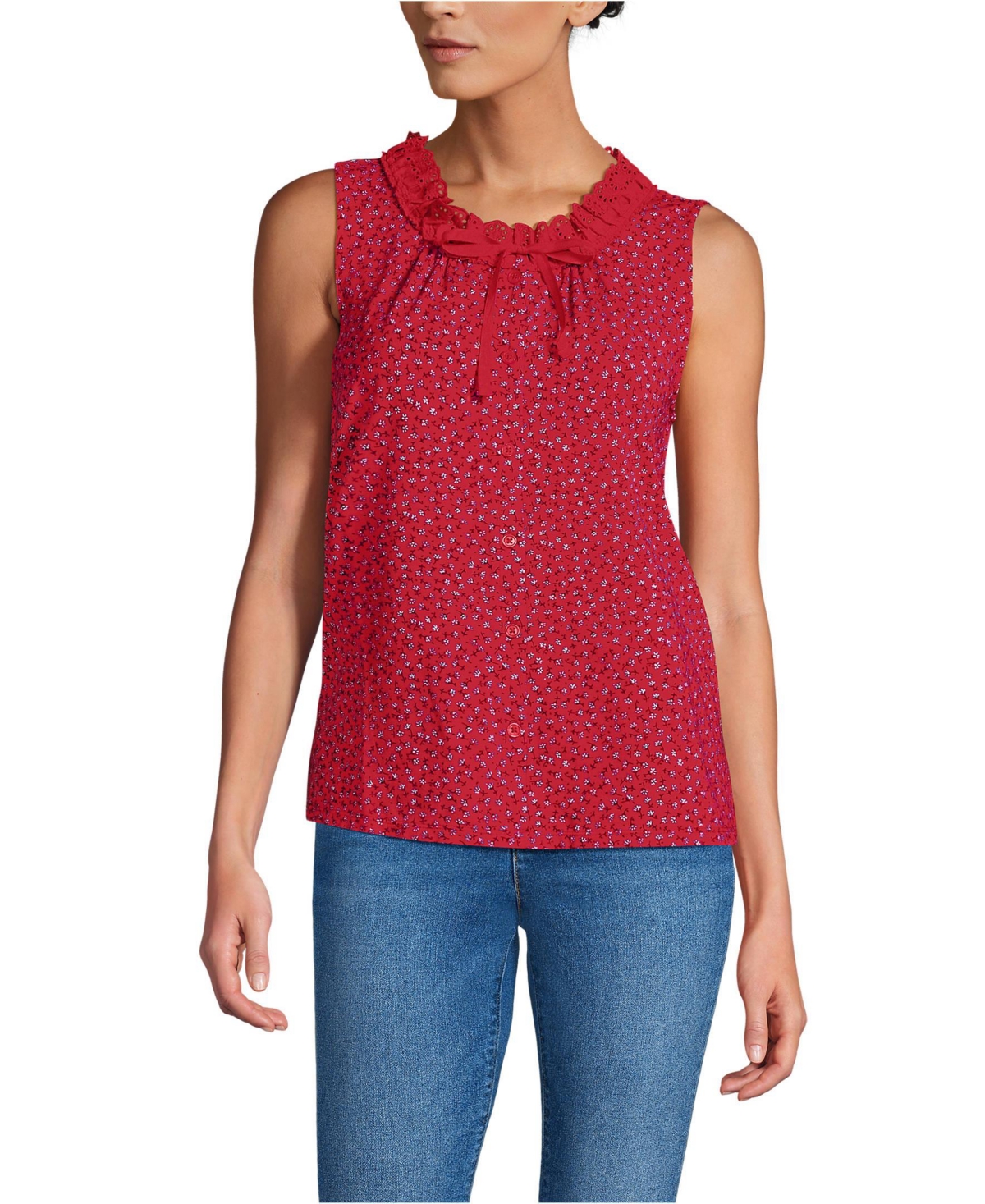 Lands' End Women's Lightweight Jersey Button Front Lace Trim Tank