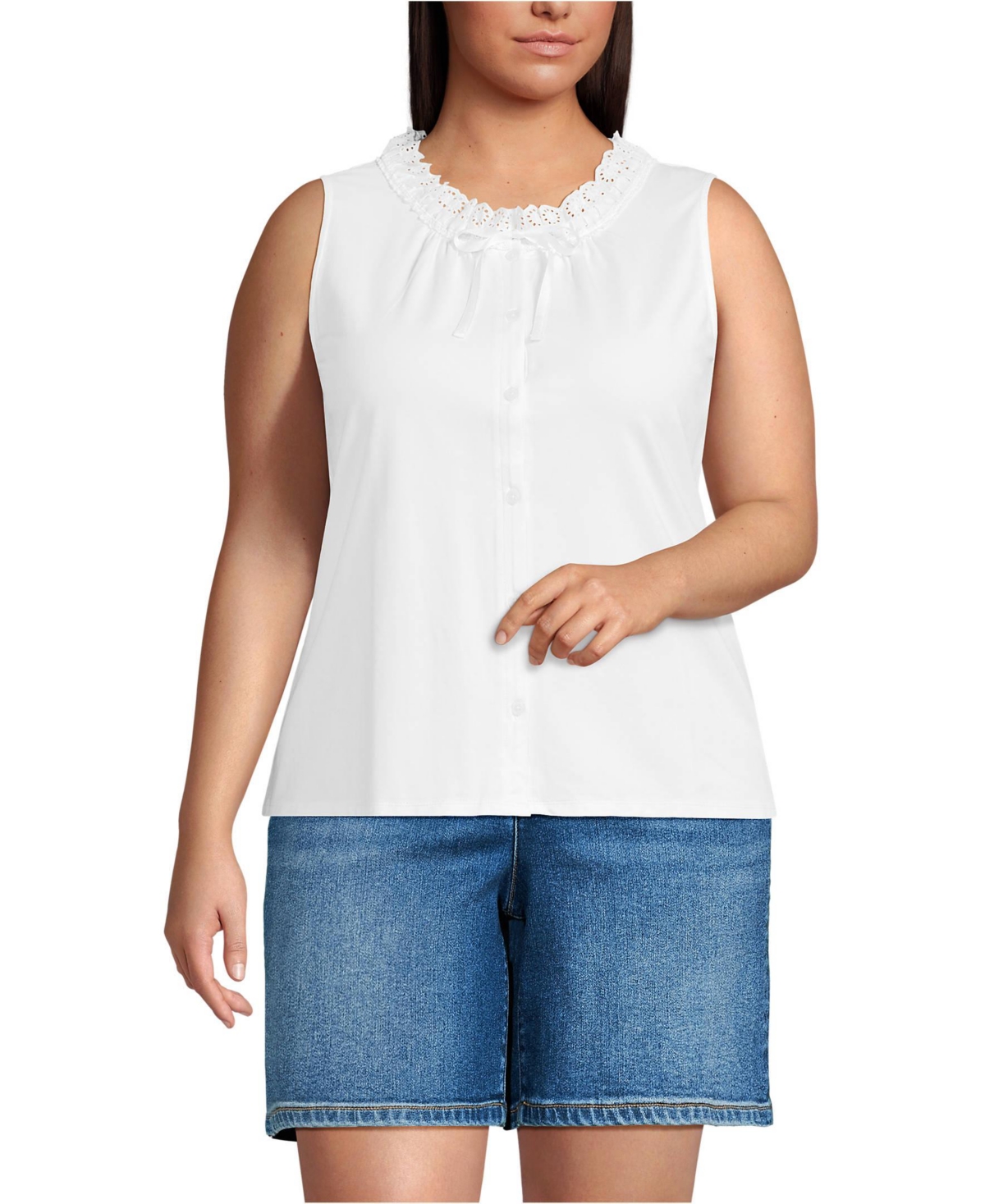 Lands' End Plus Lightweight Jersey Button Front Lace Trim Tank