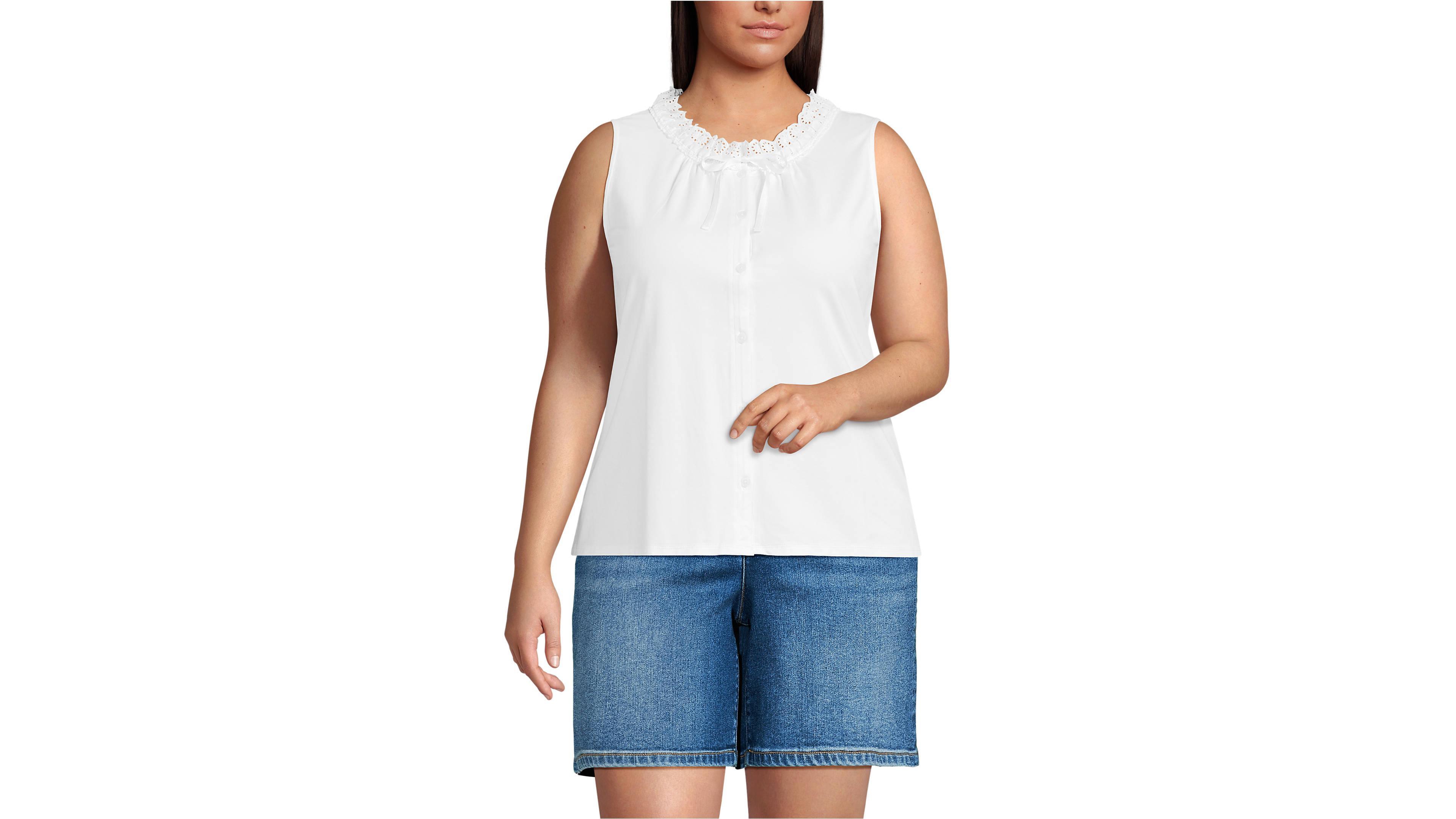 Lands' End Plus Lightweight Jersey Button Front Lace Trim Tank